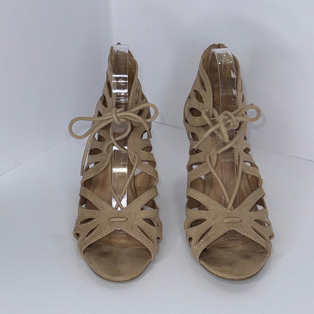 Christian Siriano Stiletto Heel Sandals 8 Tan Caged Lace Up Laser Cut Boho Chic - Picture 2 of 12